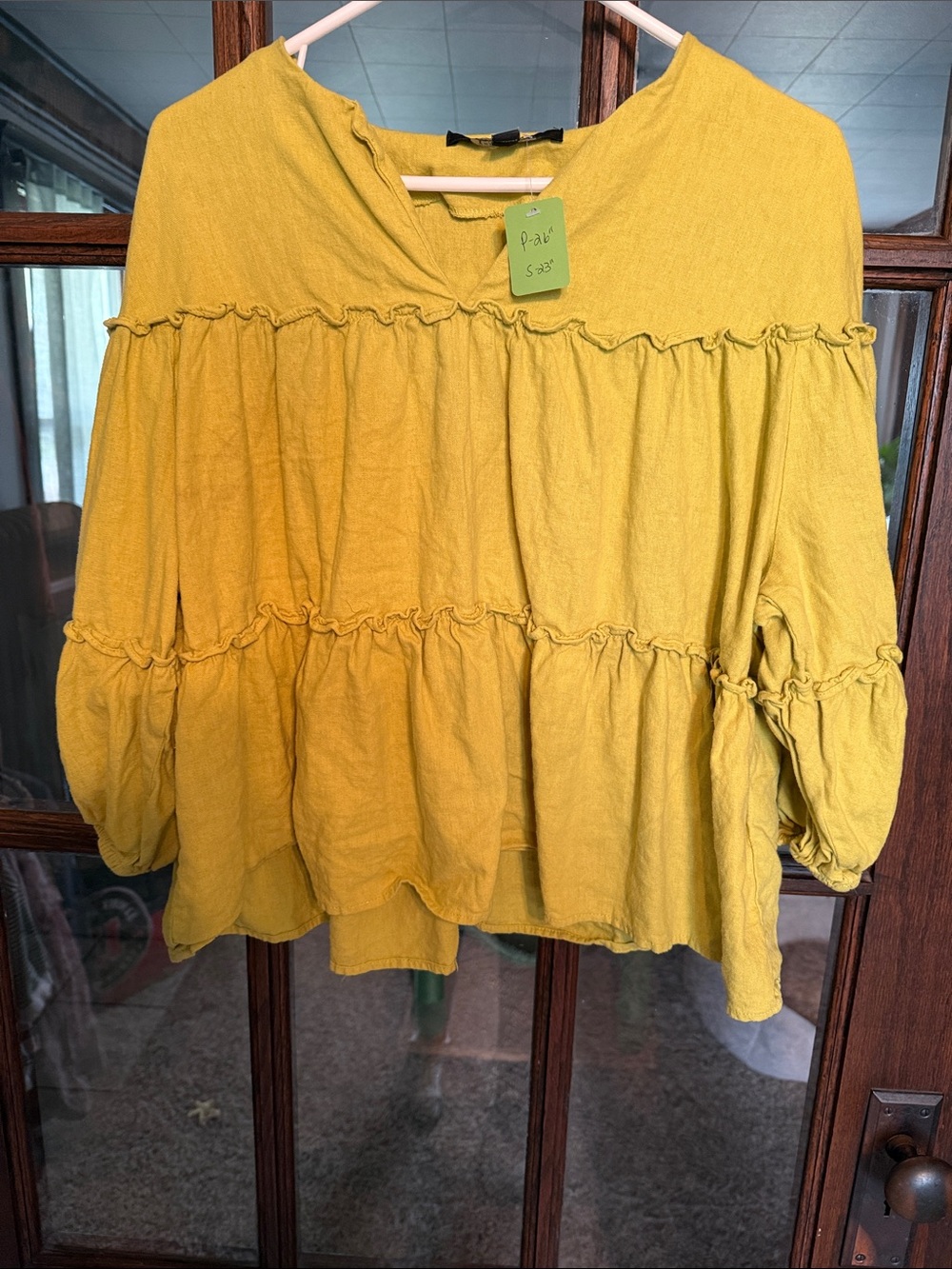 Marc New York Andrew Marc Yellow Linen Blend Tiered Ruffle Blouse Med Lagenlook